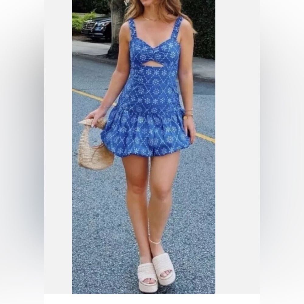 NWT ZARA Cotton Blend Openwork Embroidered Mini Dress Blue size xl